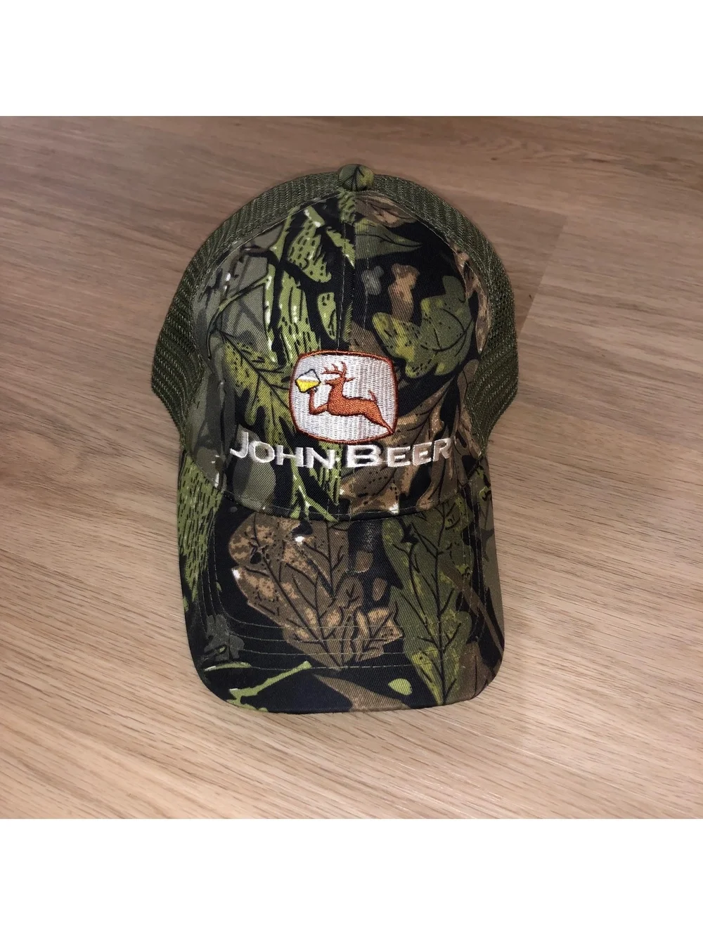 JOHN BEER DEERE NOVELTY CAMO MESH TRUCKER ALCOHOL SNAPBACK HAT DRINKING DEER